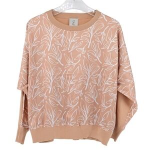 Sioni Beige Leaf Print Oversized Knit Sweatshirt Pullover Top XL